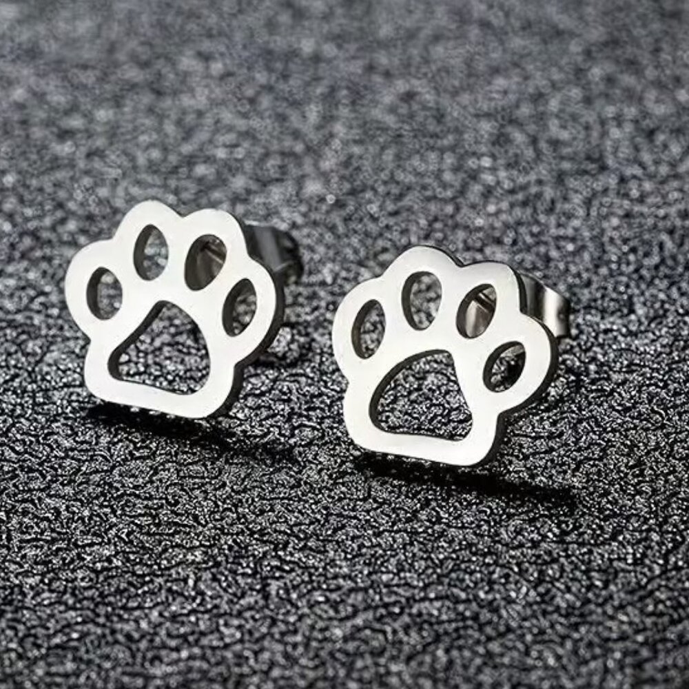 Silver Stainless Steel PAW PRINT Stud Earrings